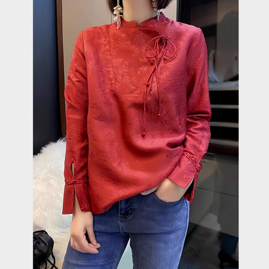 Top Chino Rojo, Camisa Vintage de Botones de Rana,Estilo Retro Tang Suit,Blusa Año Nuevo Lunar,Camisa Roja Tradicional, Ropa China de Fiesta