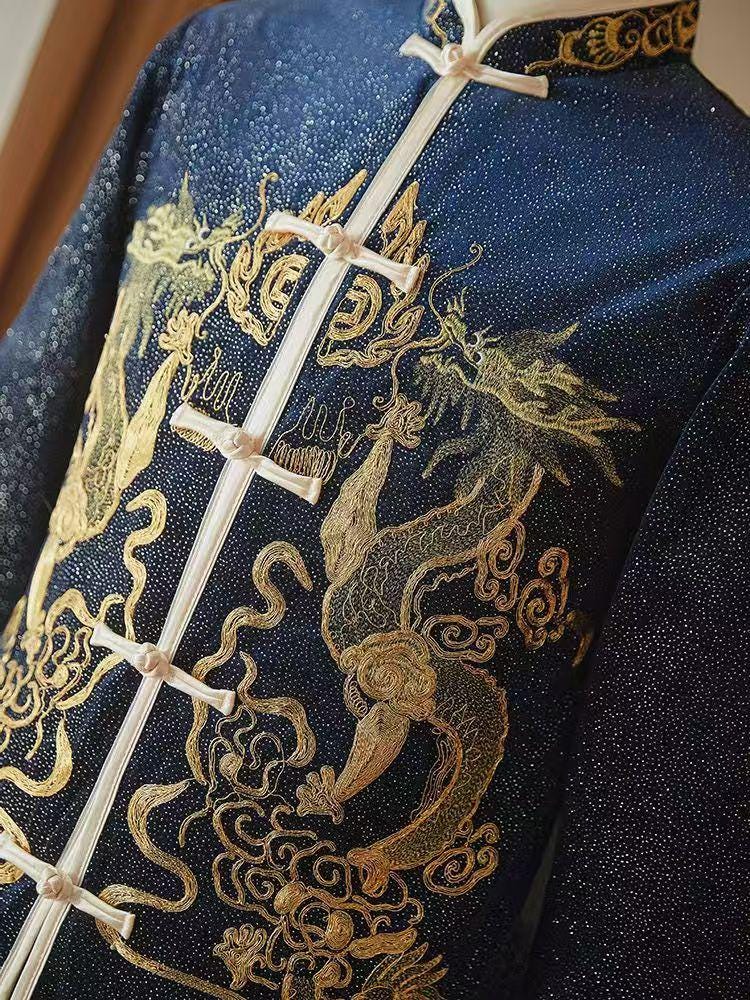 Traje de Novio Boda China, Bata Bordada Dragón Fénix, Chaqueta Tang,Traje Tradicional Hanfu,Ceremonia de Té de Boda,Look de Compromiso Chino