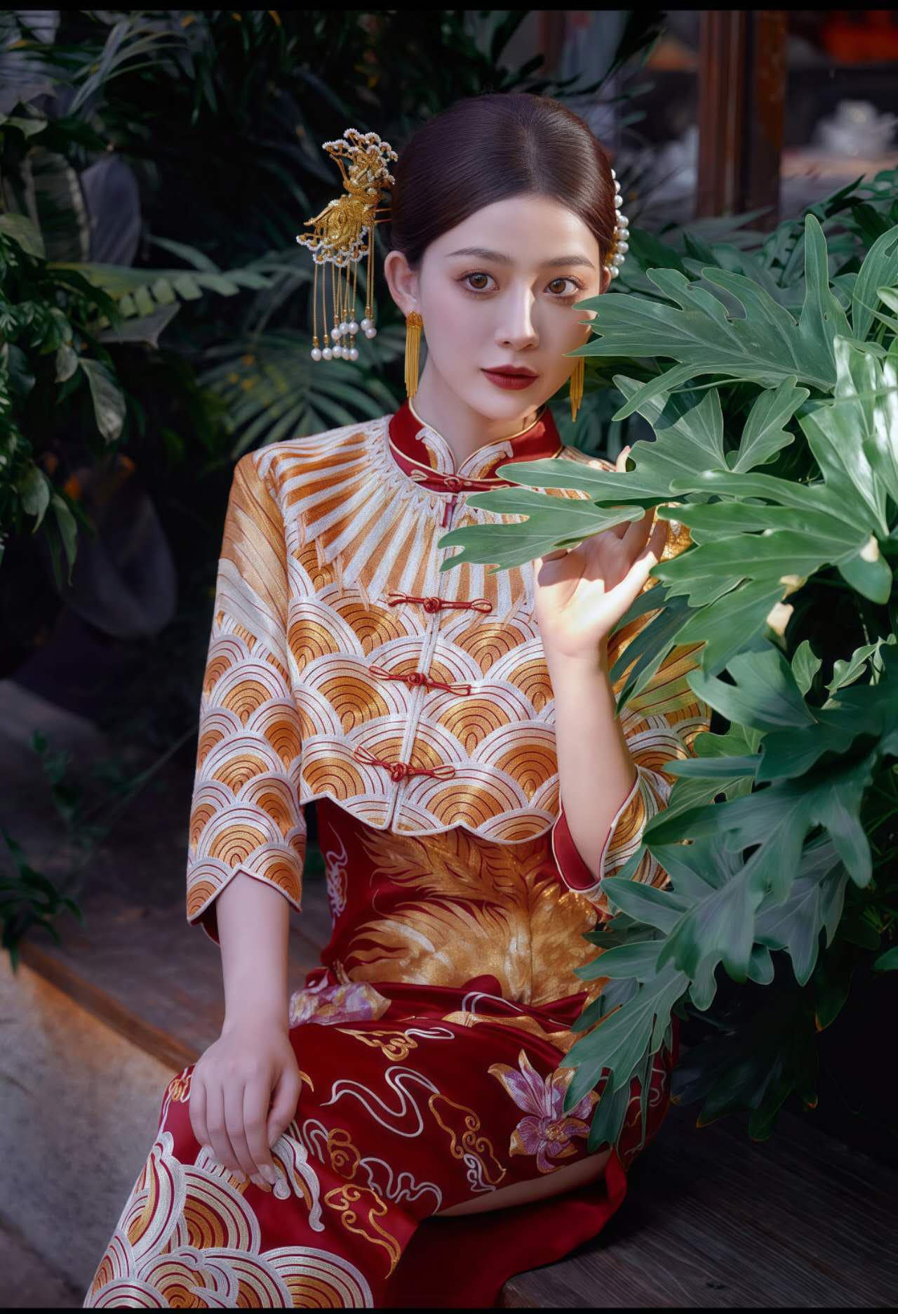 Boda China Qipao Set, Phoenix Dragon Cheongsam Dress, Satin Bridal Dress, Red Gold Chinese Gown,Vintage Two Piece Qipao,Hanfu Inspired Dress