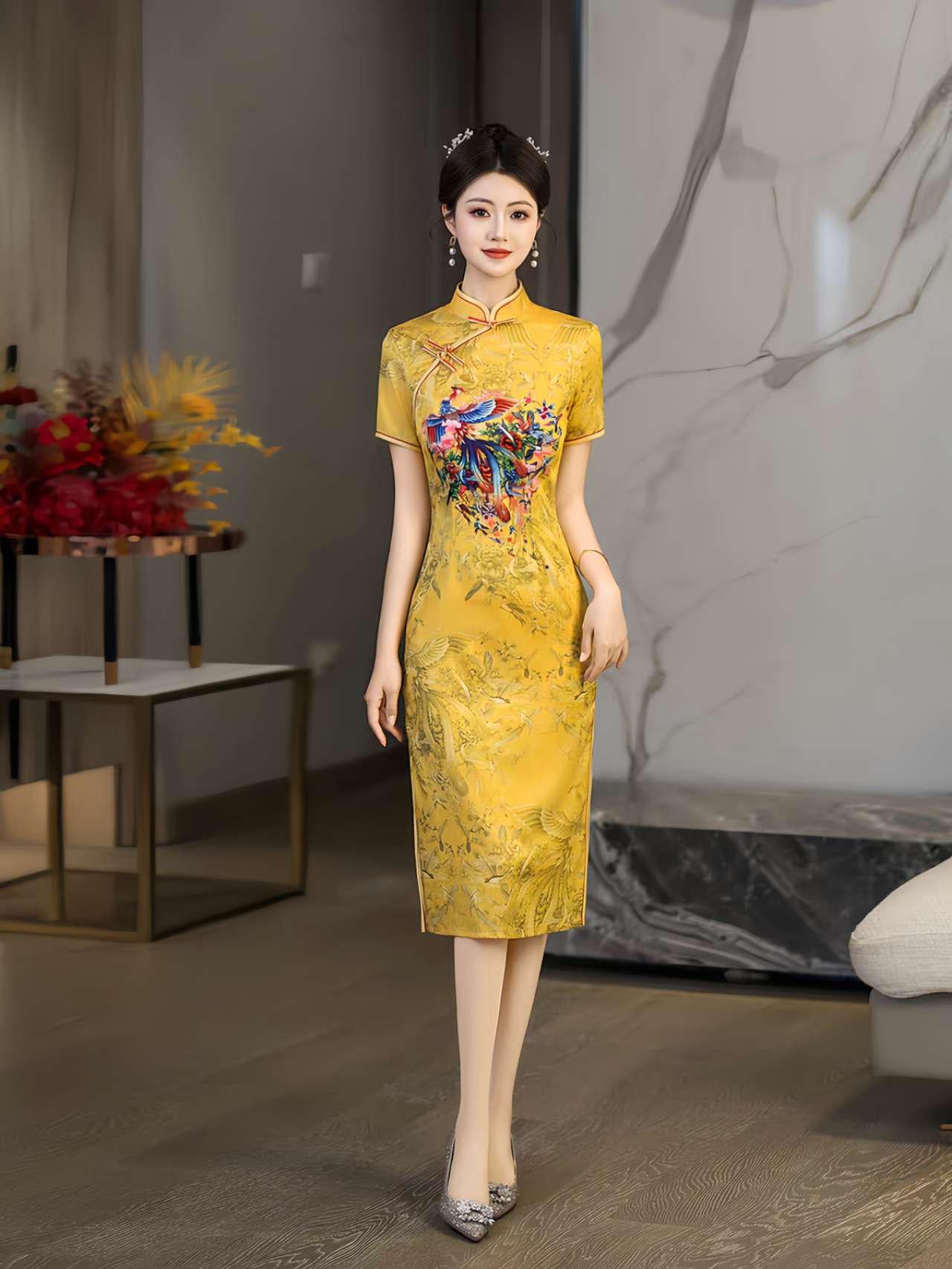 Qipao Amarillo Fénix, Vestido Cheongsam Corto, Vestido de Fiesta Chino, Traje de Cóctel Oriental, Vestido de Invitada de Boda Retro