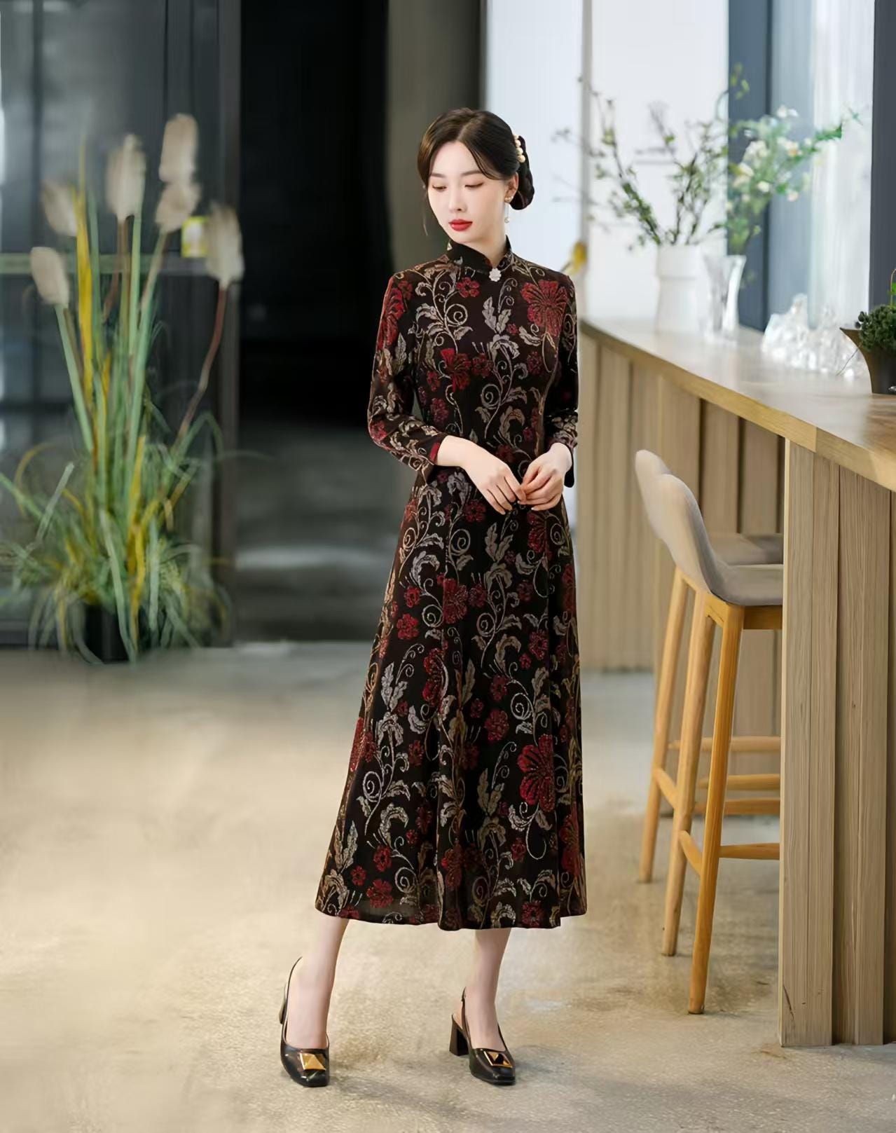 Elegante Vestido Qipao Floral,Maxi Cheongsam Lujo,Noche de Mezcla de Seda,Chino Vintage,Fiesta de Cóctel,Cheongsam larga,regalo para ella