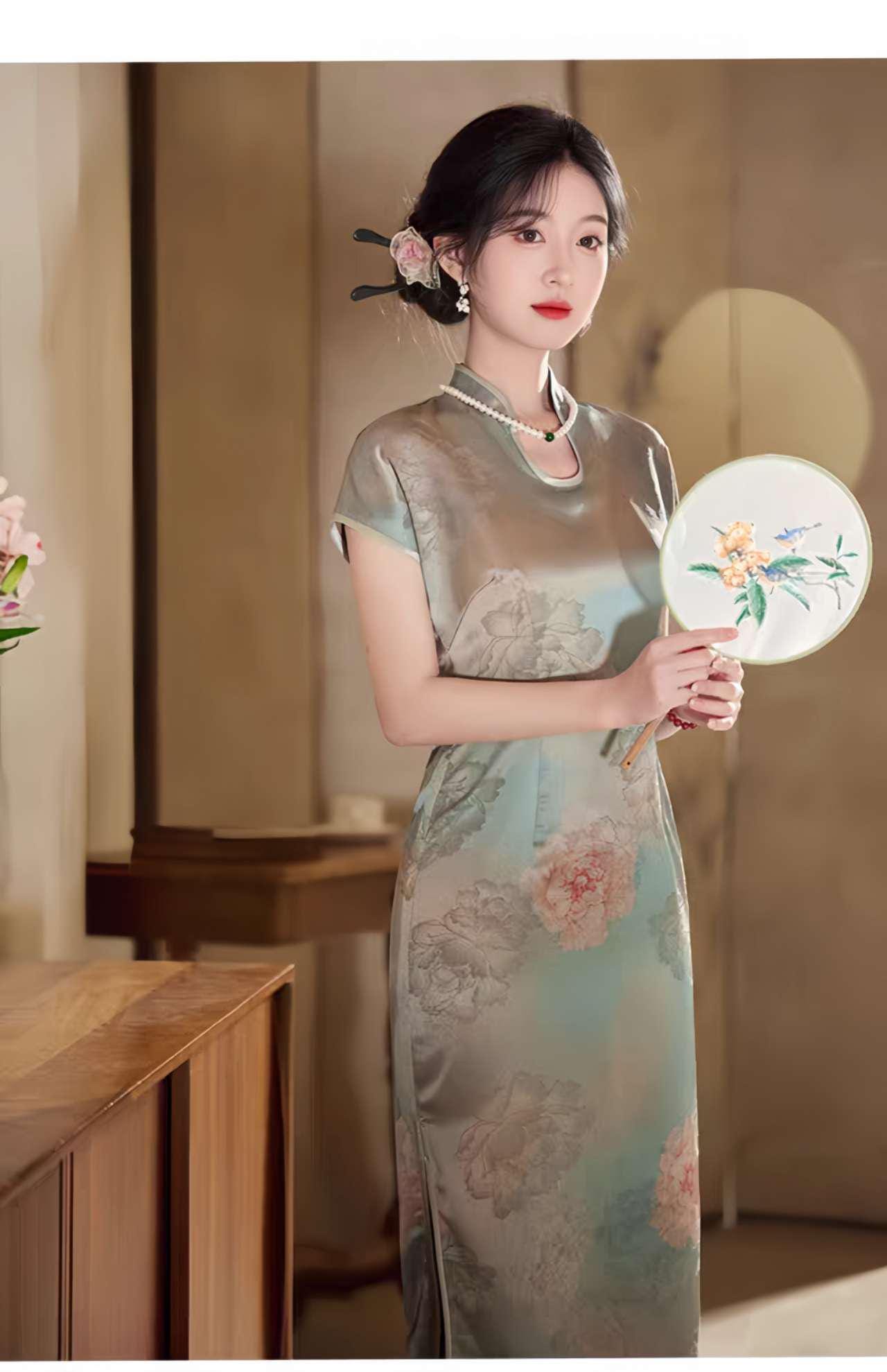 Qipao con Cuello de Gota de Agua, Cheongsam Vintage, Qipao con Aspecto de Seda Suave, Qipao Primavera Verano, Vestido Tradicional Chino