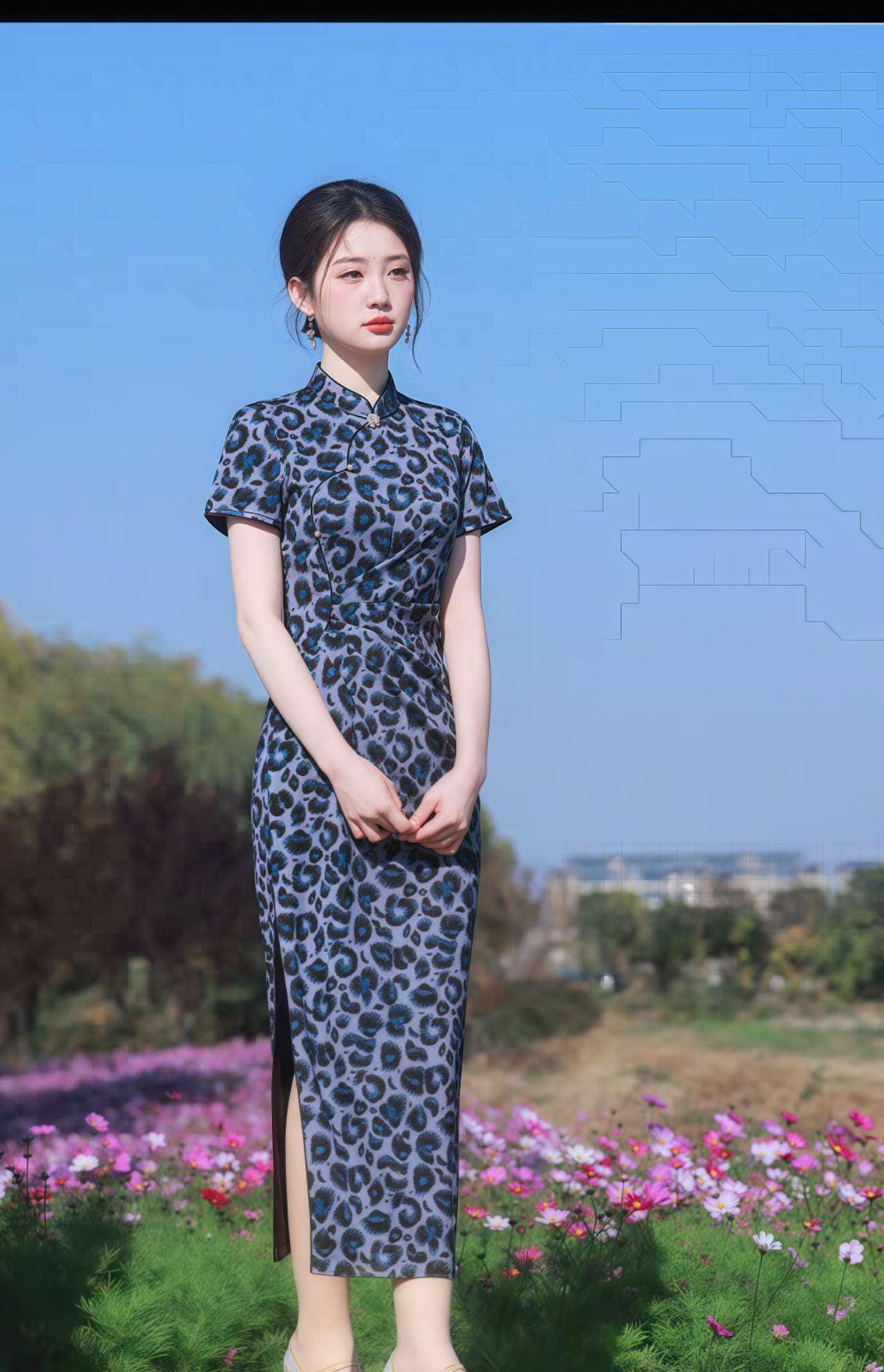 Qipao estampado leopardo, vestido cheongsam azul,vestido de punto qipao,vestido oriental atrevido,vestido mandarín sexy,vestido asiático Y2K