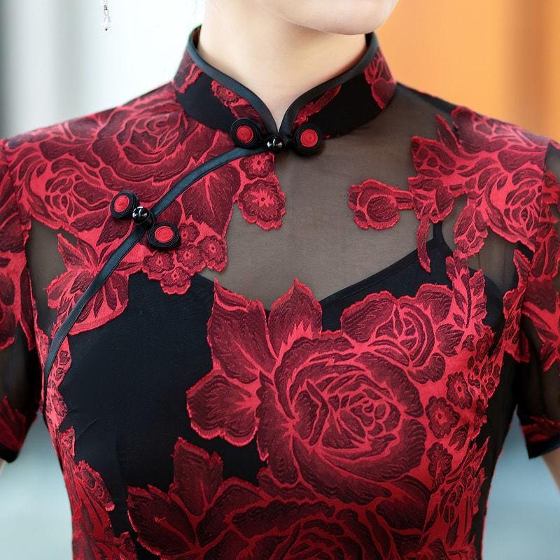 Vestido Qipao de encaje azul – Cheongsam con hombros transparentes – Vestido floral de fiesta  – Tallas grandes M-5XL