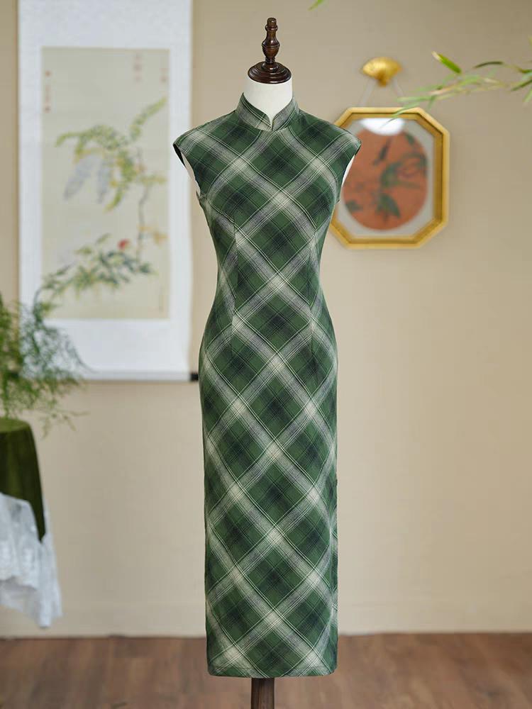 Cheongsam verde a cuadros, Vestido Qipao retro de algodón, Vestido chino vintage,  Vestido para Ceremonia del Té, regalo para ella