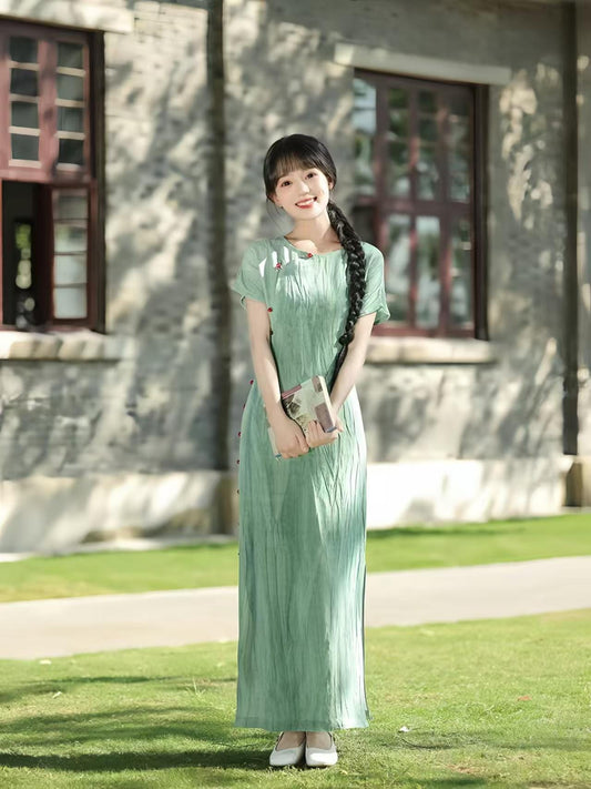 Linen Dyed Qipao Dress, Full Button Round Neck Cheongsam, Natural Fiber Short Sleeve Dress, Chinese Retro Dress, Gift