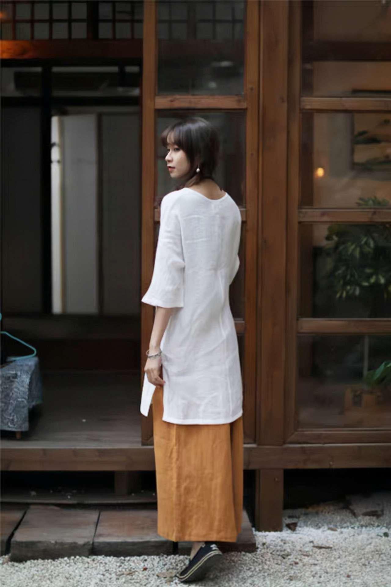 blusa zen asiática, camisa de meditación, ropa de té oriental, blusa estilo hanfu moderna,túnica relajante de verano,regalo espiritual mujer