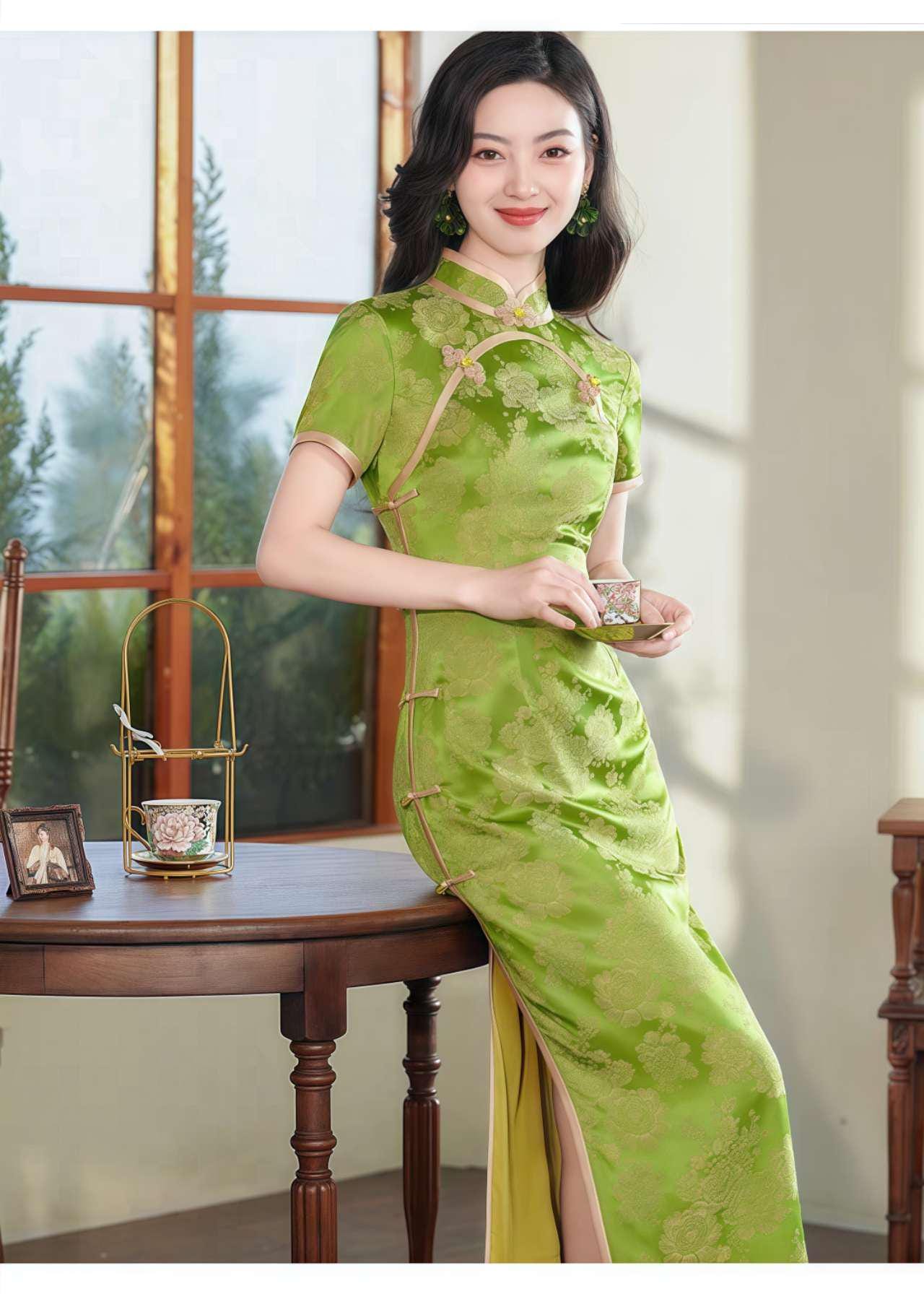 Qipao Brocado Verde, Elegante Cheongsam,Qipao Primavera Verano, Vestido Formal Oriental, Vintage,Cheongsam Invitada de Boda,Ceremonia del Té