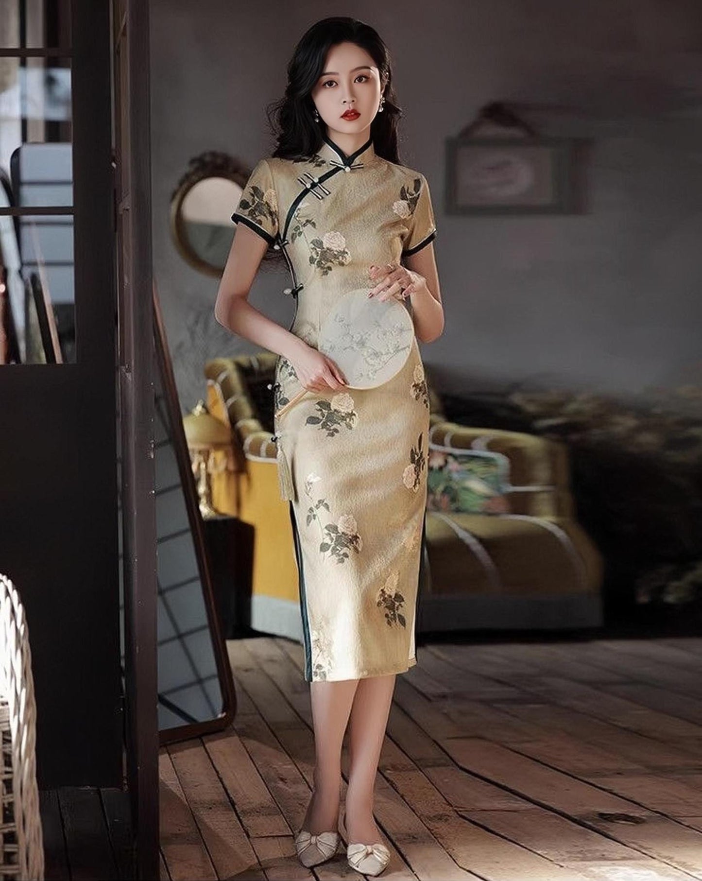 Vestido Qipao de Lino Vintage, Cheongsam Floral Chino Retro, Vestido Mandarina Ramio Natural,Traje para la Fiesta del Té, Vestido Midi