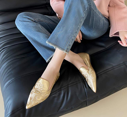 zapatos planos chinos dorados,  flats bordados retro, zapatos cómodos estilo qipao,zapatos vintage orientales,  regalo día de la madre único