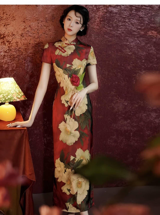 Romántico Qipao Peonía, Vestido Cheongsam Floral Rojo, Vestido de Novia Chino, Vestido Patrón Peonía, tallas grandes S-4XL, Regalo para ella