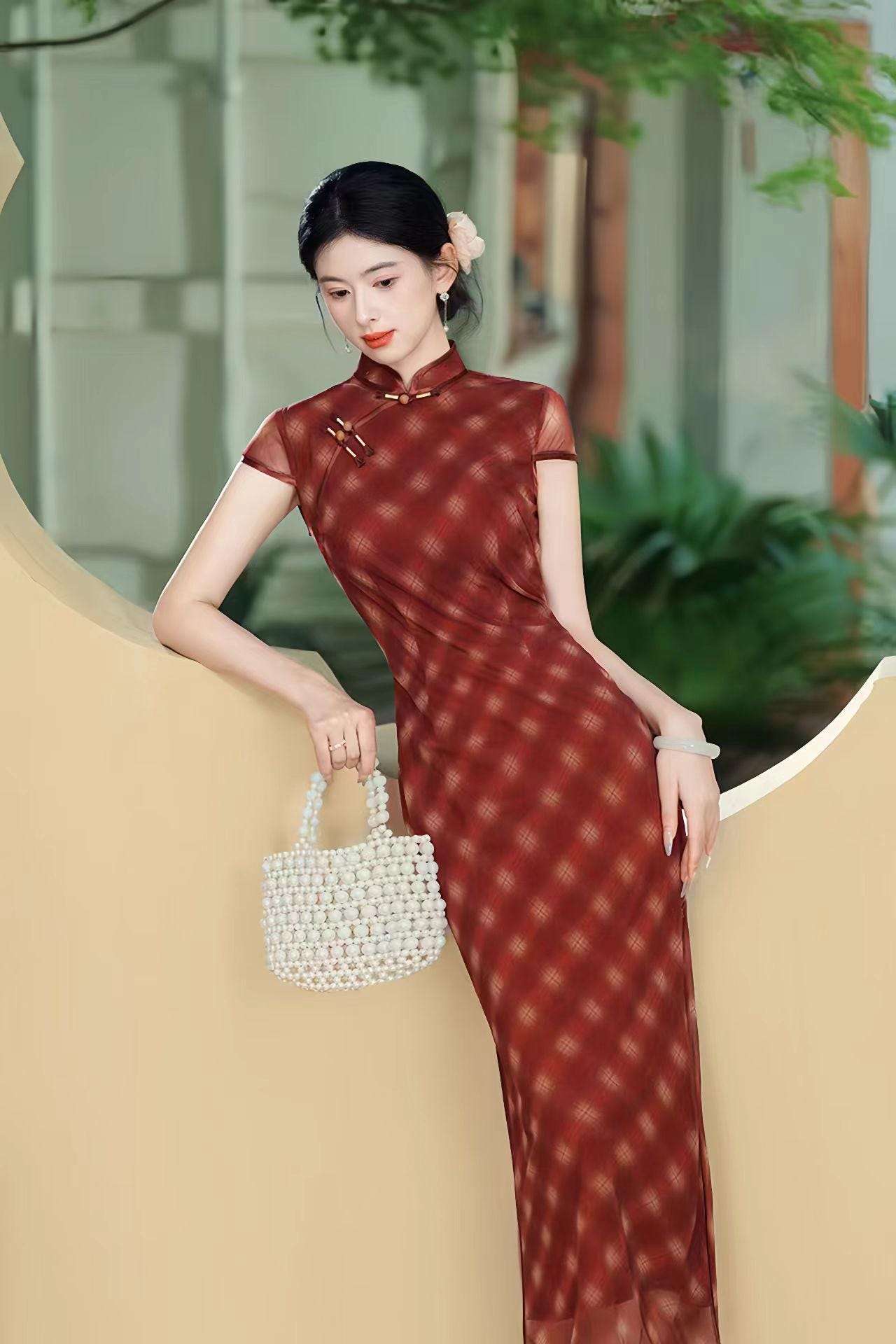Tencel Sheer Qipao Dress, Red Plaid Cheongsam Gown, Traje de Invitada de Boda, Vestido Cheongsam de Malla Vintage, tallas grandes M-5XL