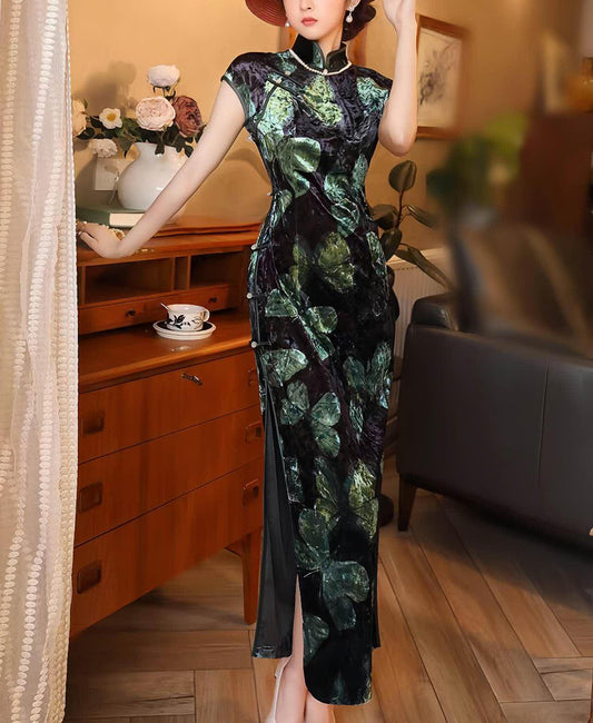 Vestido Qipao de Terciopelo, Cheongsam Chino Verde con Estampado de Hojas, Ideal para Ceremonia de Té, Regalo Elegante para Ella