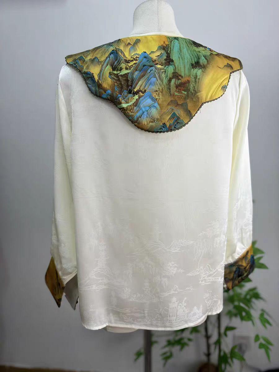 Blusa China Vintage con Cuello de Nube,Camisa Oriental de Raso Jacquard,Top Retro Inspirado en la Dinastía Tang, Camisa de Traje Étnico