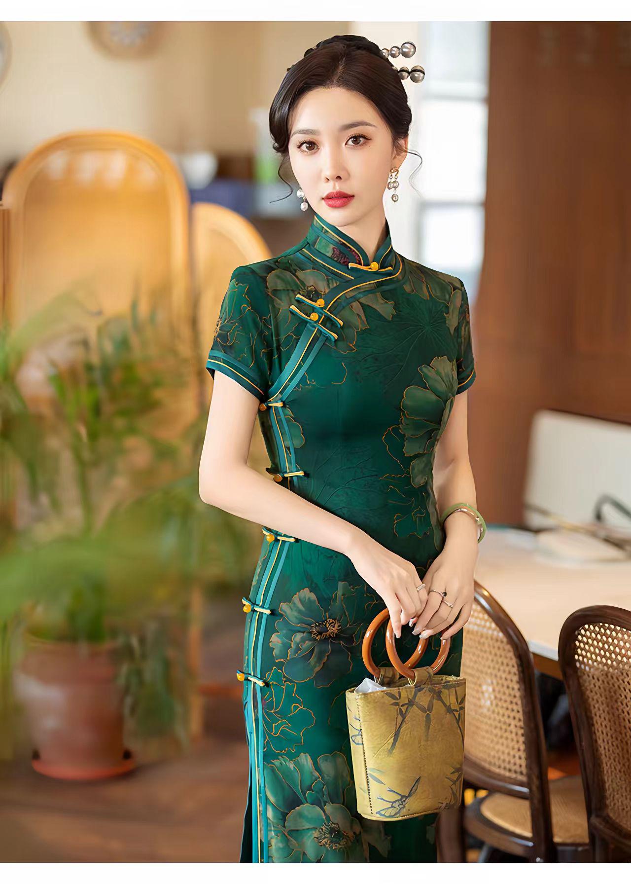 Vestido Cheongsam Verde, Vestido Chino Vintage, Vestido de Ceremonia de Té, Vestido de Noche, Vestido Estilo Dinero Viejo, Ceremonia del Té