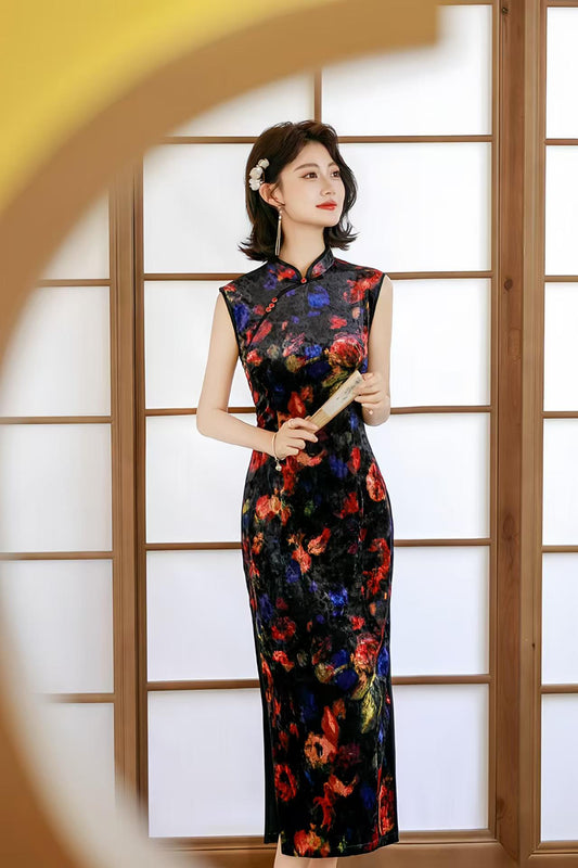 Velvet Qipao Sleeveless Dress, Black Cheongsam Evening Dress, Oil Painting Floral Chinese Dress, Artistic Oriental Style