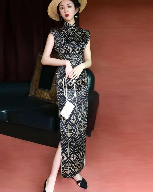 qipao moderno negro, vestido chino geométrico, cheongsam minimalista, vestido gala, Vestido Vintage Elegante para Té,  regalo cultural mujer