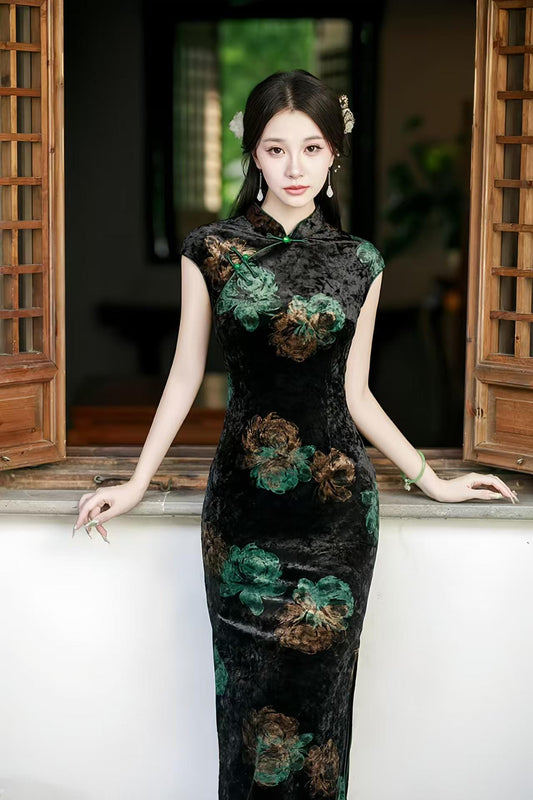 Vintage Long Peony Qipao, Floral Embroidery Velvet Cheongsam, Elegant Chinese Style Evening Dress, Peony Print, High Quality Silk
