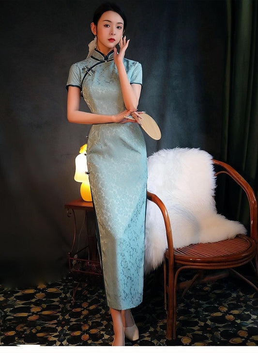 Vestido Qipao Azul Claro, Vestido Cheongsam Vintage, Elegante Vestido Chino, Vestido Formal Estilo Asiático, Vestido de Invitada de Boda