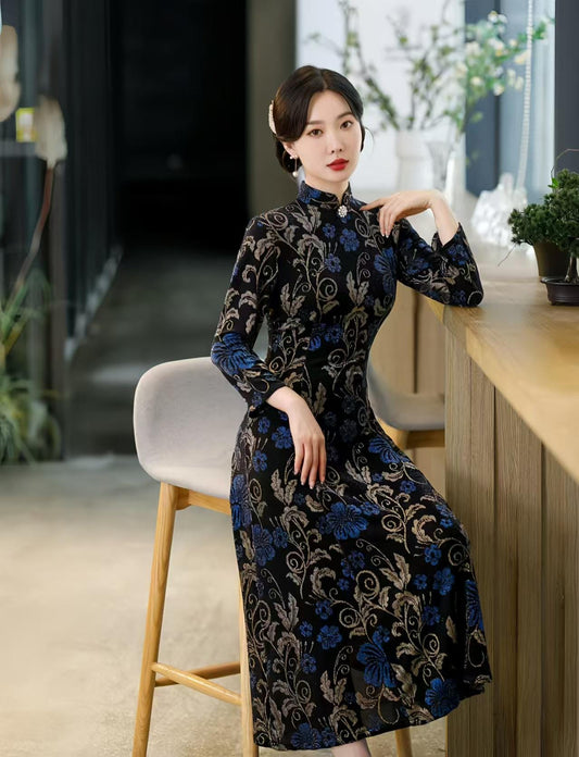 Elegante Vestido Qipao Floral,Maxi Cheongsam Lujo,Noche de Mezcla de Seda,Chino Vintage,Fiesta de Cóctel,Cheongsam larga,regalo para ella