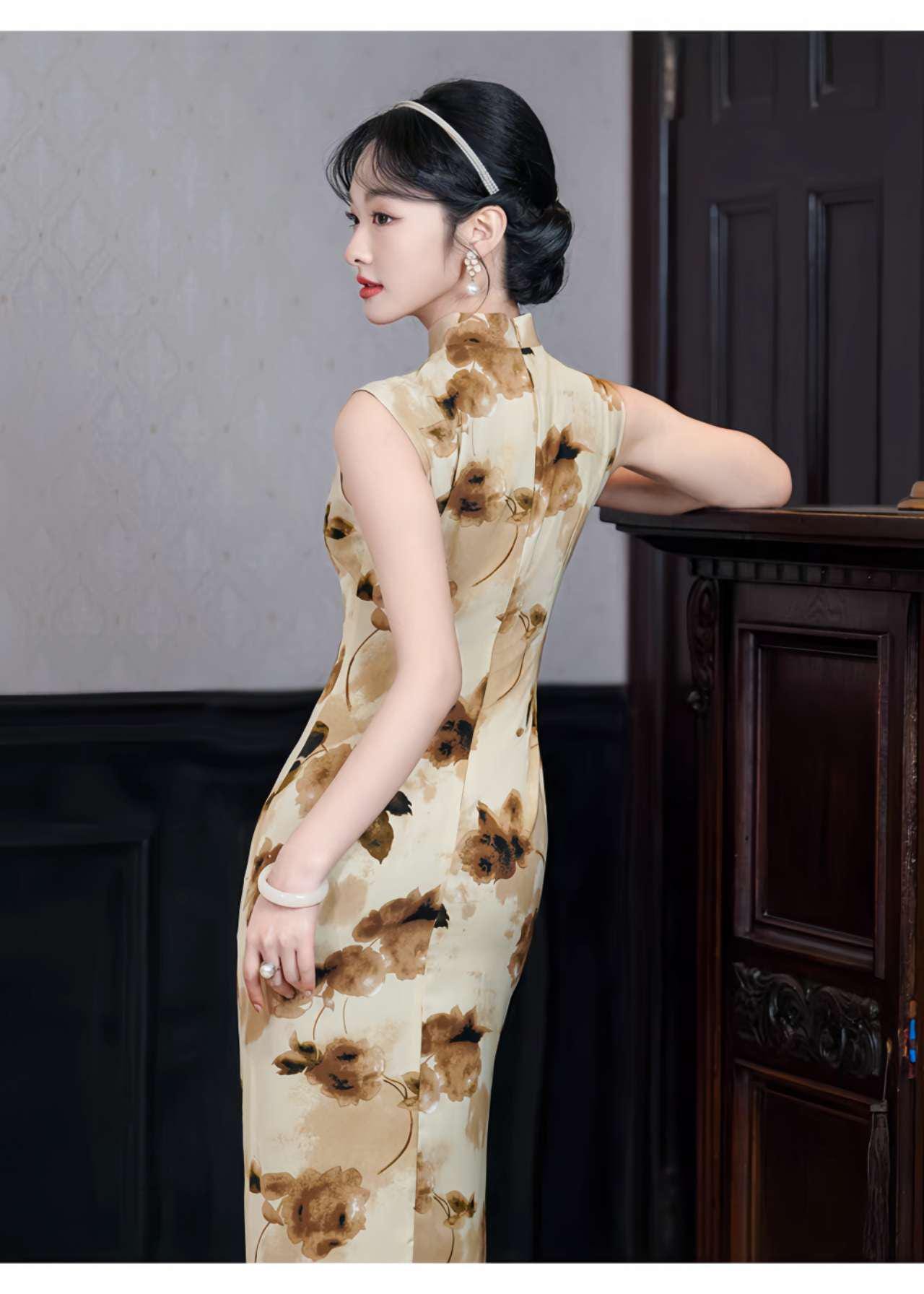 Qipao Amarillo Vintage, Vestido Cheongsam Floral, vestido de verano, Vestido Midi Chino, Vestido Vintage Elegante para Té,  regalo para ella