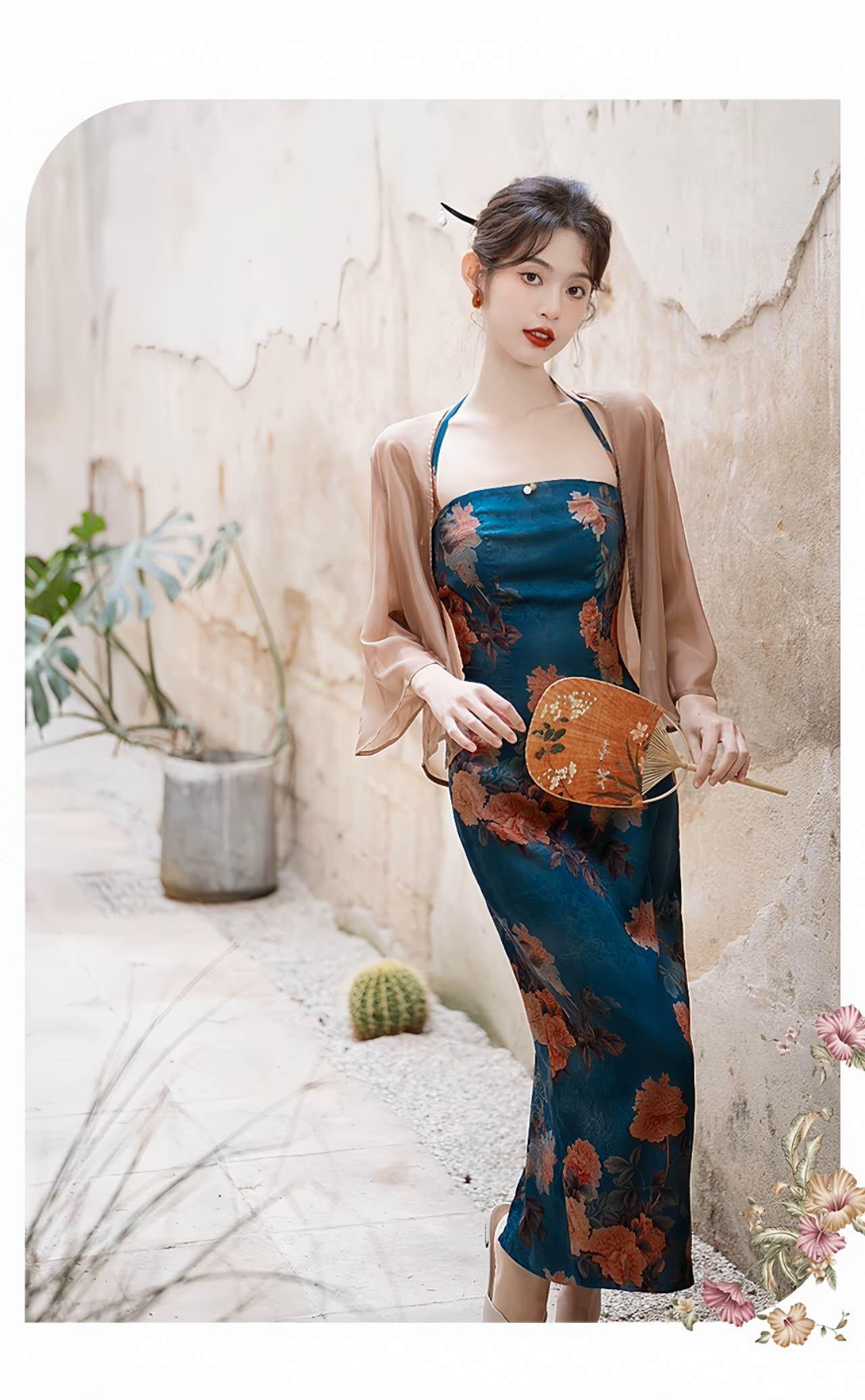 Dos Piezas Floral Qipao,  Retro Asiático Halter Vestido, Clásico Floral Vestido Chino,Azul Cheongsam Vestido Conjunto,Verano Vintage Vestido