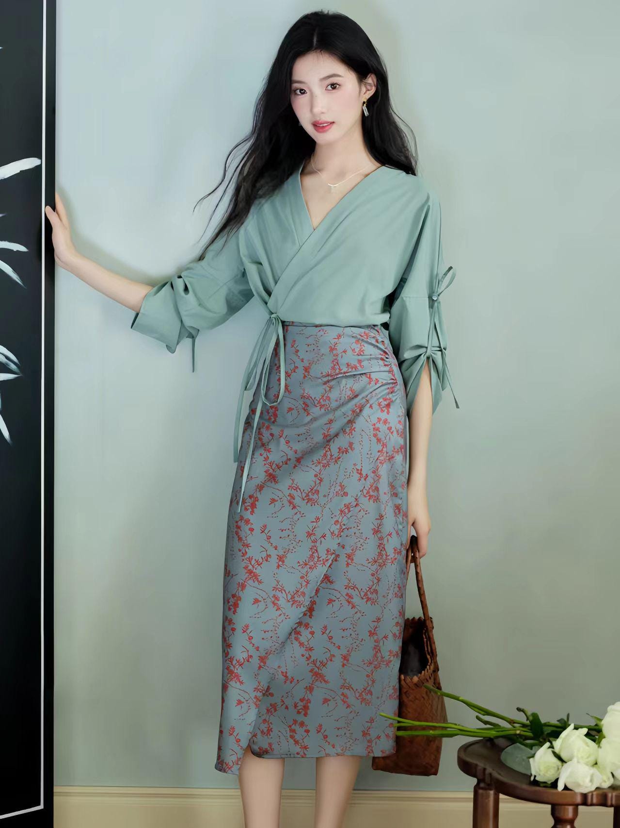 Elegante conjunto de falda y top verde, traje de dos piezas inspirado en el Qipao,conjunto de estilo chino vintage,ropa de oficina cultural