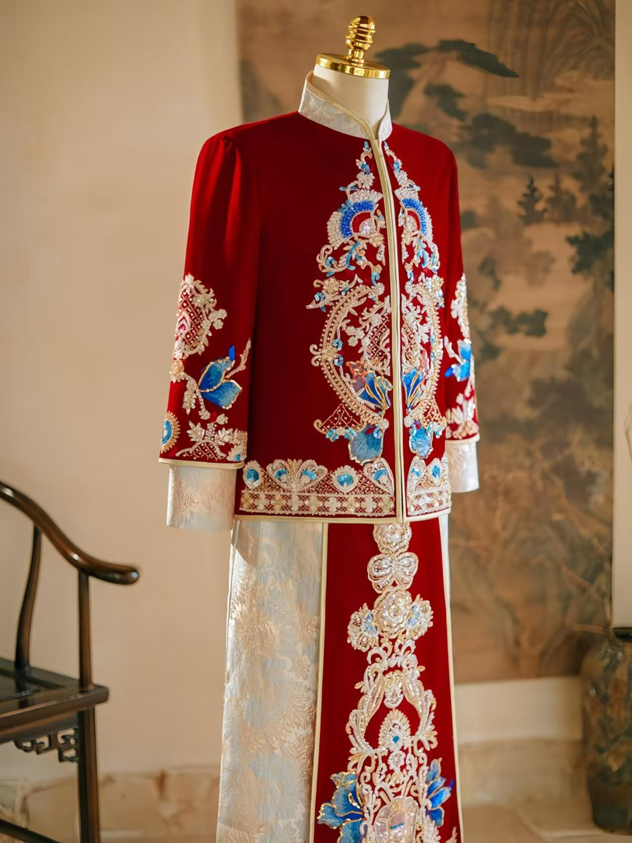 Luxury Chinese Wedding Robe, Vintage Red Silk Velvet Wedding Dress, Dragon Phoenix Embroidered Wedding Suit, Traditional Chinese Wedding
