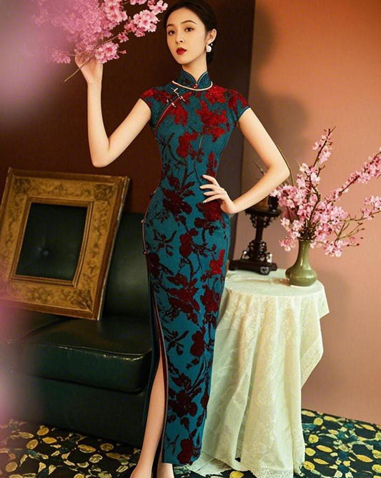 Vestido Qipao Largo Elegante | Cheongsam Tradicional | Vestido Chino Vintage | Moda Oriental | Vestido de Fiesta con Abertura