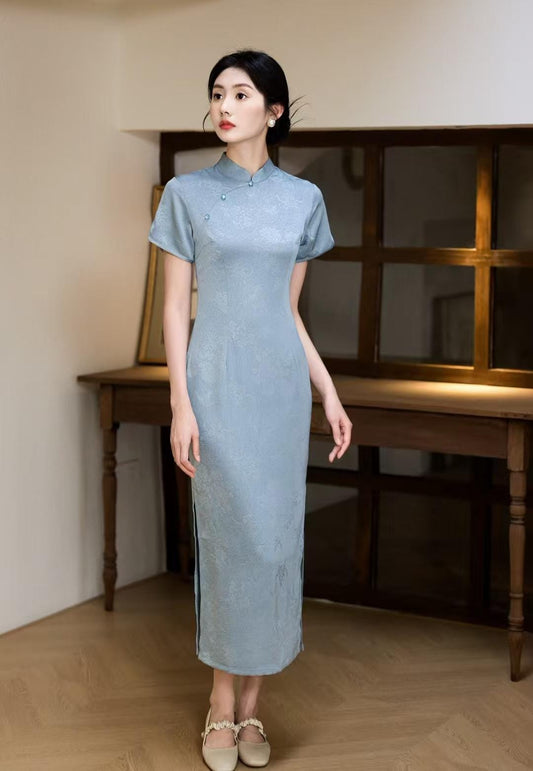 Vestido Qipao Brocado Azul, Elegante Cheongsam,Lujoso de Seda Jacquard,Oriental Claro,Invitada de Boda Estilo Chino, Traje de Verano,vintage