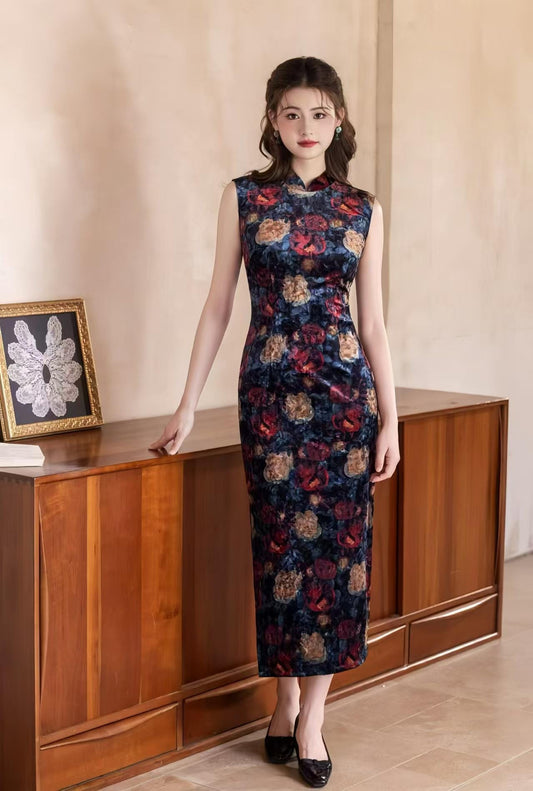 Velvet Qipao Dress, Chinese Cheongsam Dress, Vintage Floral Midi Dress, Elegant Autumn Party Dress, Sleeveless Oriental Dress