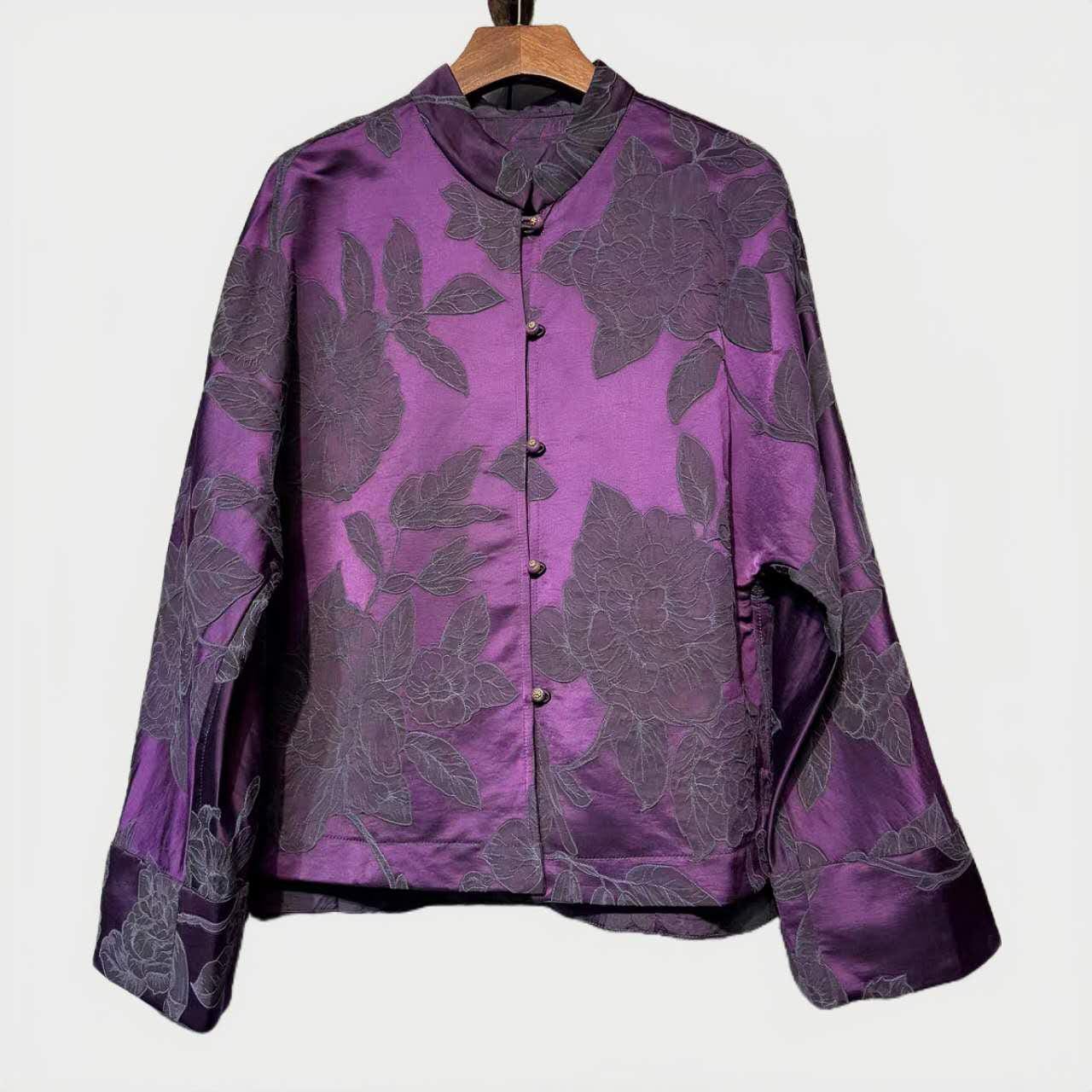 Reversible Silk Jacket, Purple Chinese Coat, Embossed Tang Jacket, Vintage Blouse, Oriental Style Top, Hanfu-Inspired Coat
