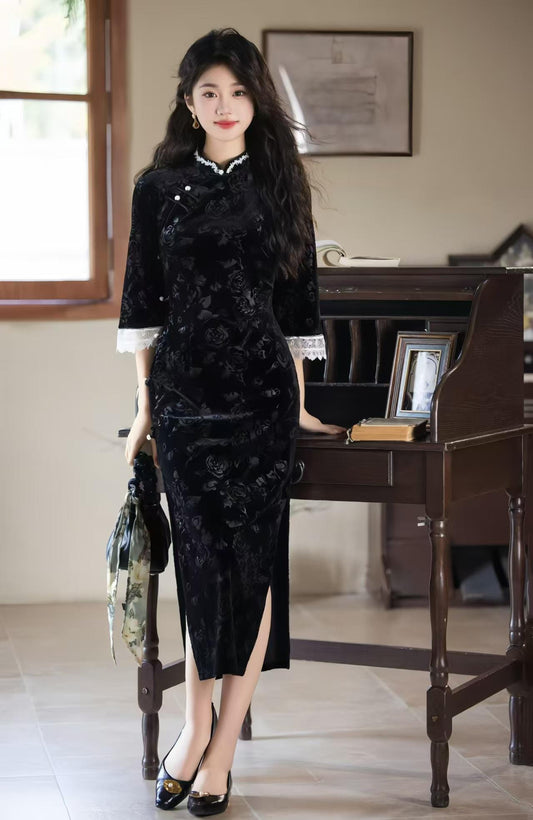 Pink Velvet Jacquard Qipao, Black Midi Cheongsam Dress, Elegant Chinese Dress with Lace Trim, Vintage Autumn Oriental Dress
