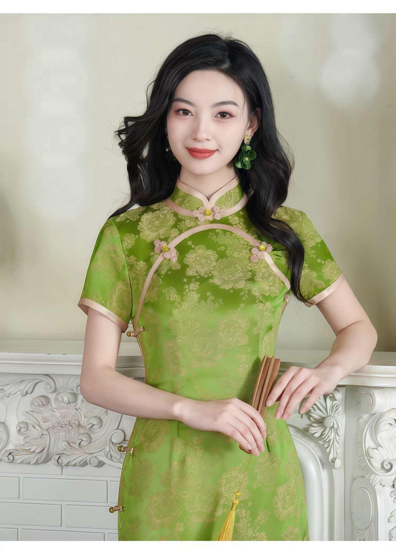 Qipao Brocado Verde, Elegante Cheongsam,Qipao Primavera Verano, Vestido Formal Oriental, Vintage,Cheongsam Invitada de Boda,Ceremonia del Té