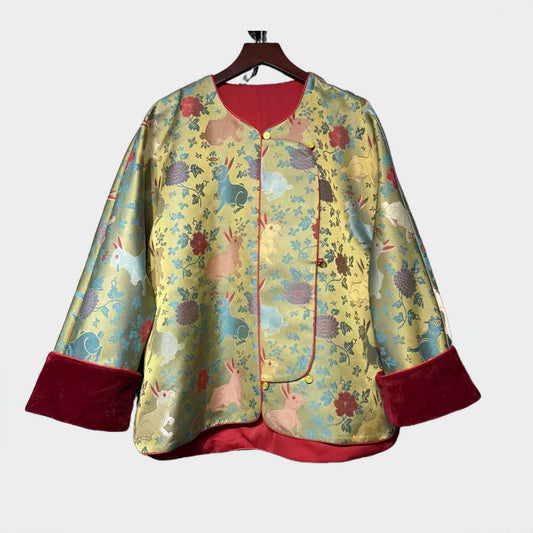 Chaqueta de seda brocada de conejo, abrigo del año del conejo, regalo chino de la suerte para ella,chaqueta dorada del zodiaco Tang,vintage,