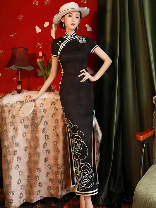 vestido cheongsam negro vintage, qipao elegante de noche estilo Shanghái, vestido chino con rosas bordadas,Vestido Vintage Elegante para Té