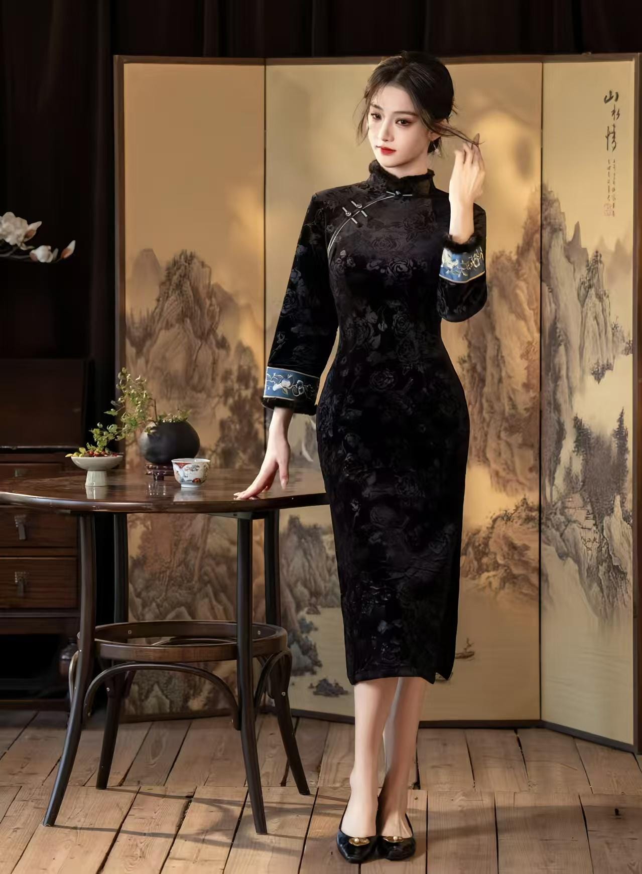 Pink Black Velvet Qipao, Fleece Lined Cheongsam, Elegant Chinese Dress, Gothic Oriental Evening Costume, Vintage Luxury Dress