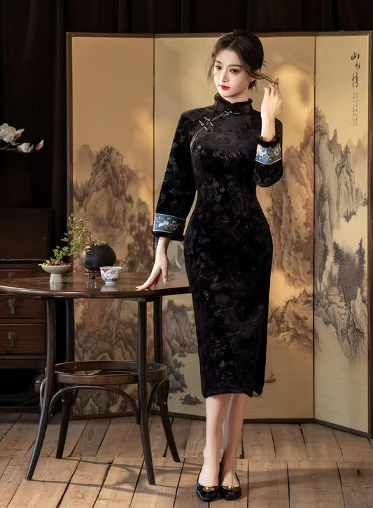 Pink Black Velvet Qipao, Fleece Lined Cheongsam, Elegant Chinese Dress, Gothic Oriental Evening Costume, Vintage Luxury Dress