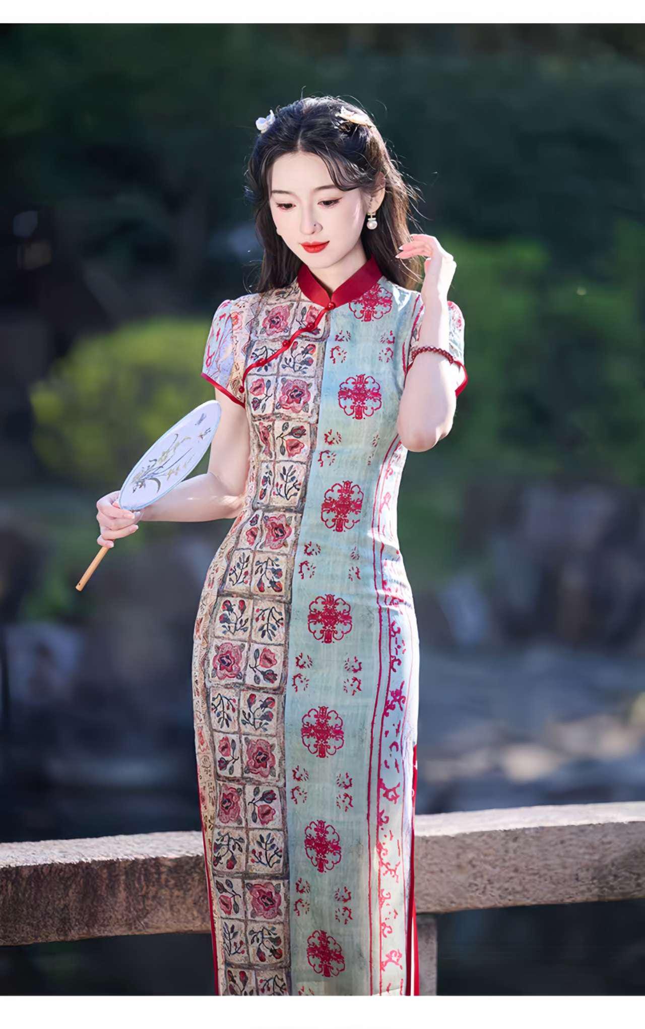 Patchwork Qipao Dress, Retro Cheongsam, Oriental Boho Dress, Vintage Style Qipao, Spring Summer Tea Dress, Gift for Her