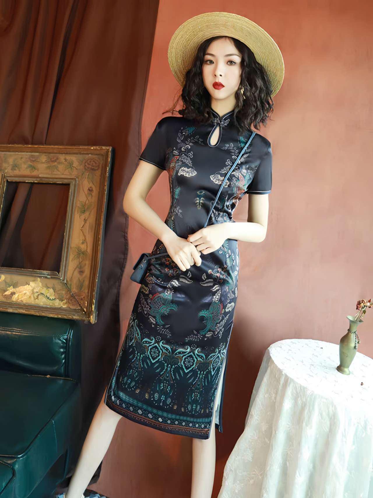Qipao corto de seda negra, Vestido retro Cheongsam,Elegante vestido asiático de cóctel, Cheongsam Moderno, Vestido chino de verano, S-4XL