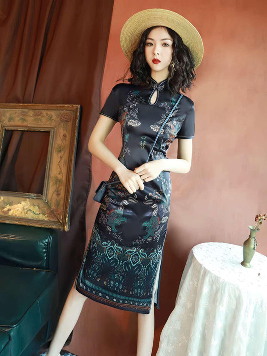 Qipao corto de seda negra, Vestido retro Cheongsam,Elegante vestido asiático de cóctel, Cheongsam Moderno, Vestido chino de verano, S-4XL