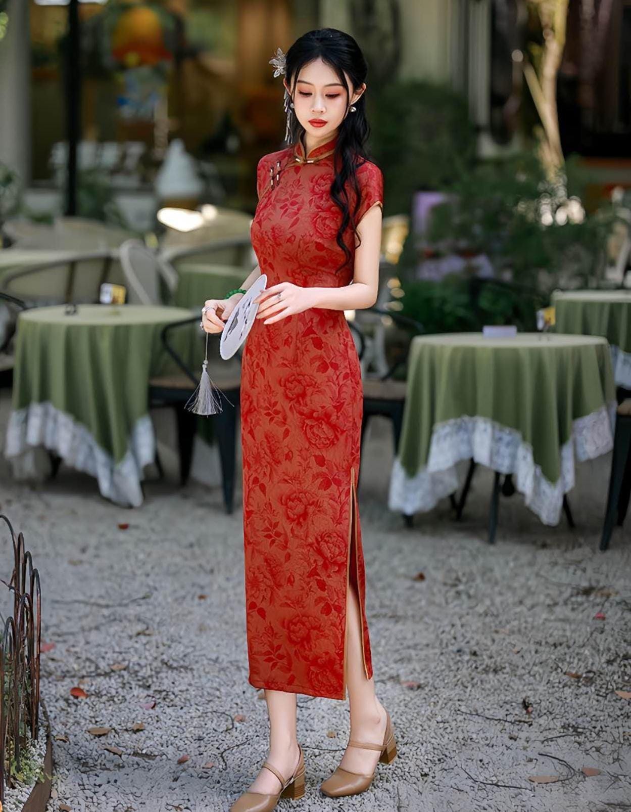 Vestido Qipao Brocado Rojo, Elegante Cheongsam Chino, Vestido Regalo Madre Asiática, Vestido Retro Té Oriental, Vestido Largo