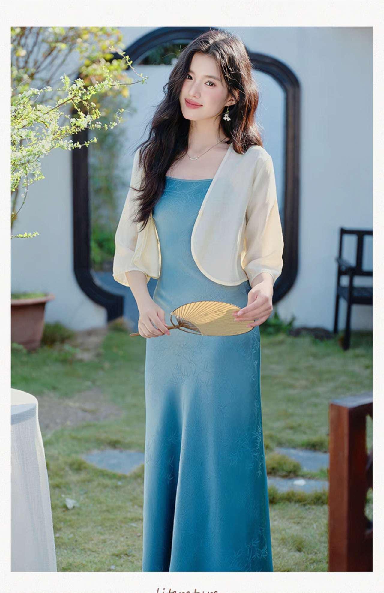 Conjunto Qipao de dos piezas,Vestido Estilo Zen,Moderno Conjunto Hanfu,Conjunto Verano Oficina,Vestido Asiático Minimalista,Ceremonia del Té