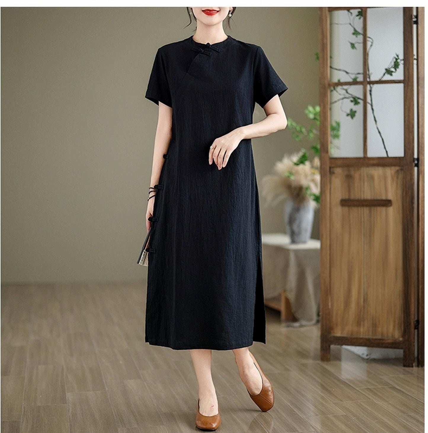 Zen Linen Dress, Japanese Style Dress, Black Cotton Midi Dress, Wabi Sabi Minimal Dress, Vestido de Tejido Natural, Vestido Suelto,vintage