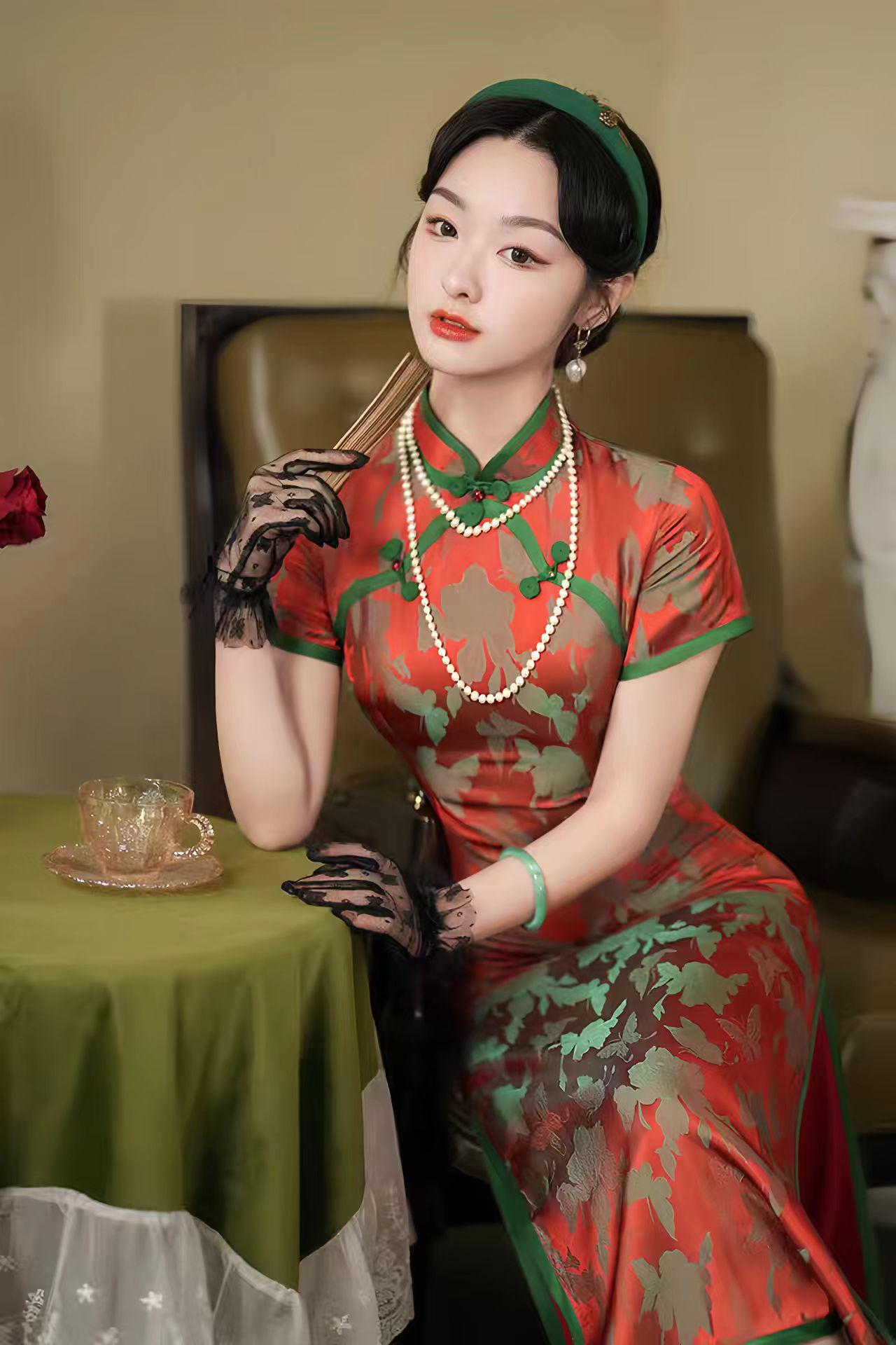 Qipao Brocado rojo, Elegante Cheongsam,Qipao Primavera Verano, Vestido Formal Oriental, Vintage,Cheongsam Invitada de Boda,Ceremonia del Té