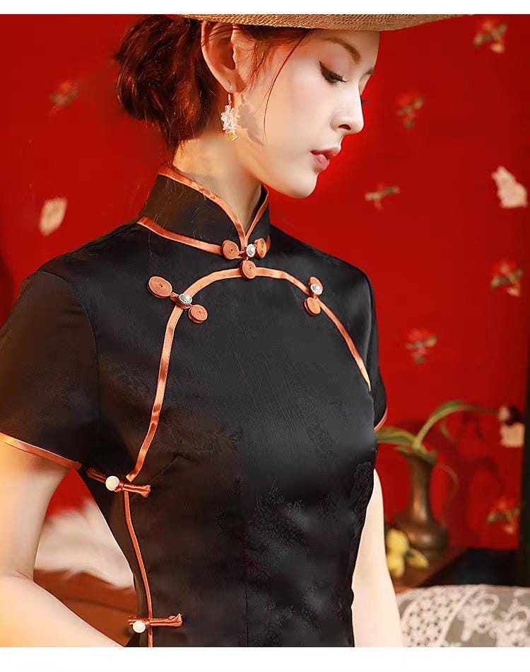Vestido Qipao de Satén Negro,Vestido Cheongsam Vintage,Elegante Vestido,Traje Formal, Qipao Gótico Oriental,Vestido Tea Party Estilo Años 20
