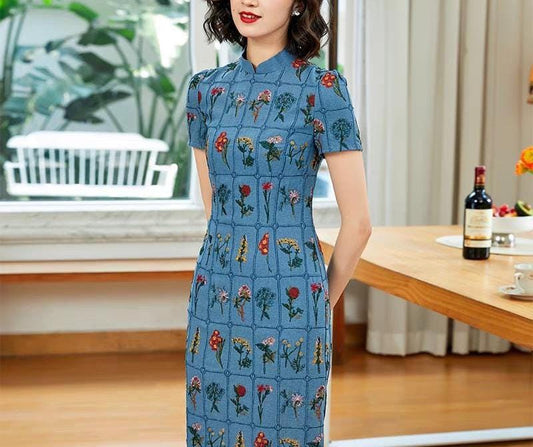 Qipao Bordado Floral,Cheongsam Algodón Lino, Vestido Verano Chino Vintage, Cottagecore Cheongsam Azul,Vestido Casual Té Oriental,Hanfu Qipao