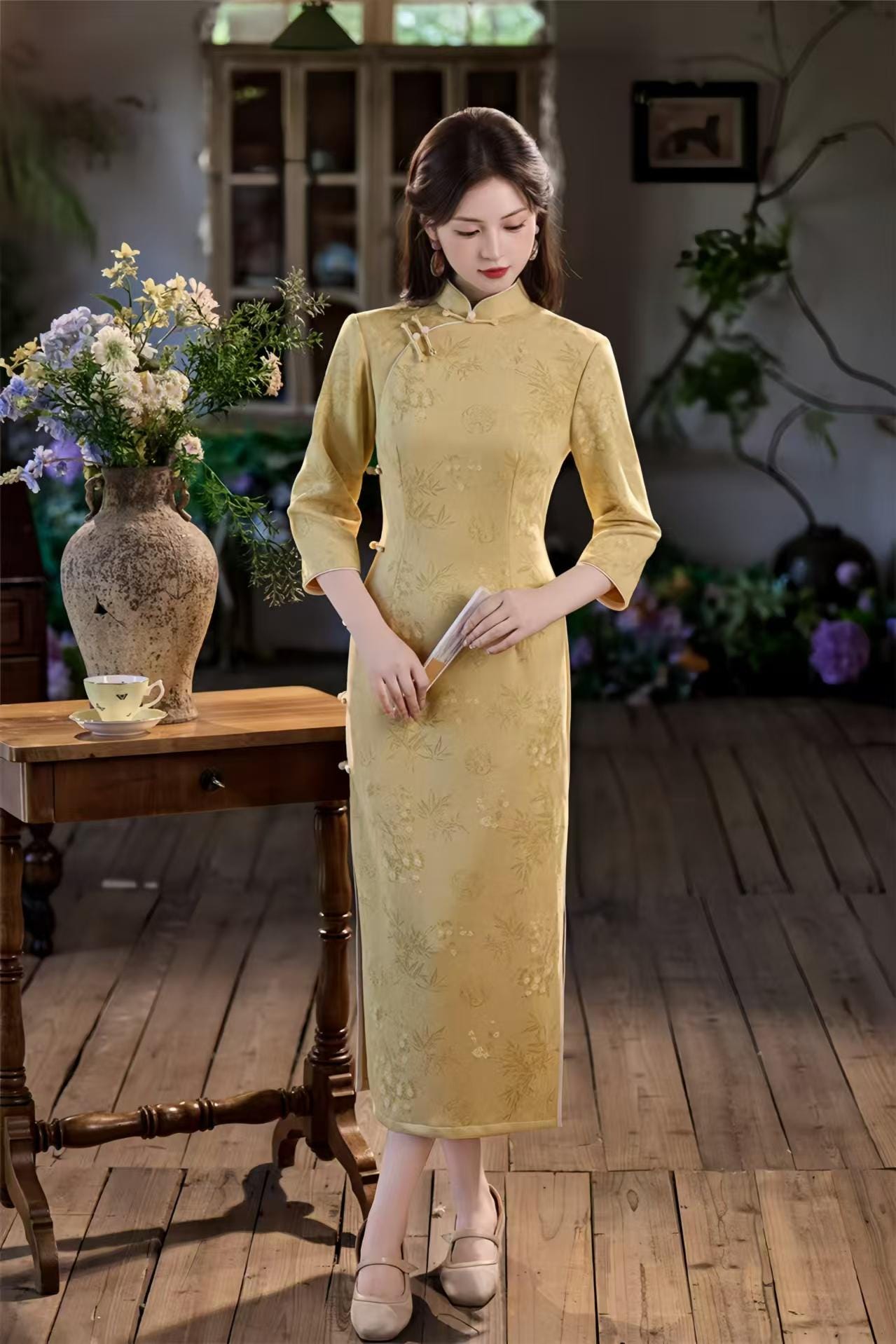 Long Cheongsam with Side Buttons, Faux Suede Velvet Qipao, Elegant Traditional Dress, Autumn Chinese Dress, Yellow