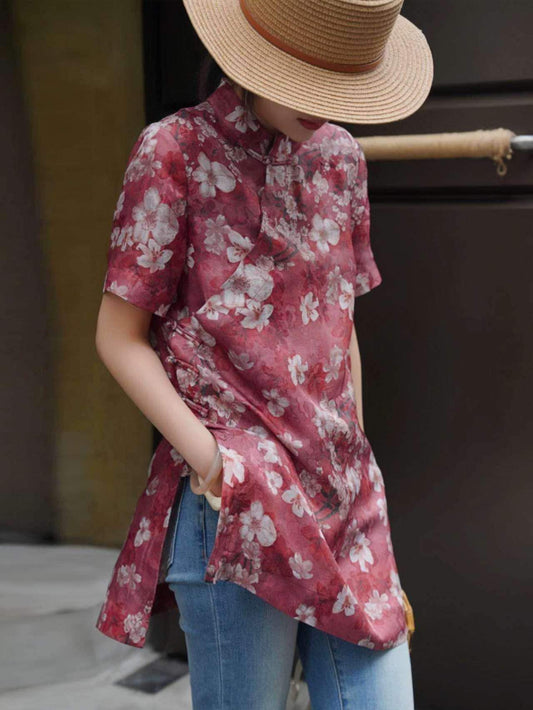 Blusa China, Top Cheongsam Floral Vintage,Camisa Qipao de Manga Corta,Camisa Estilo Retro Asiático,Top de Verano para Mujer,regalo para ella