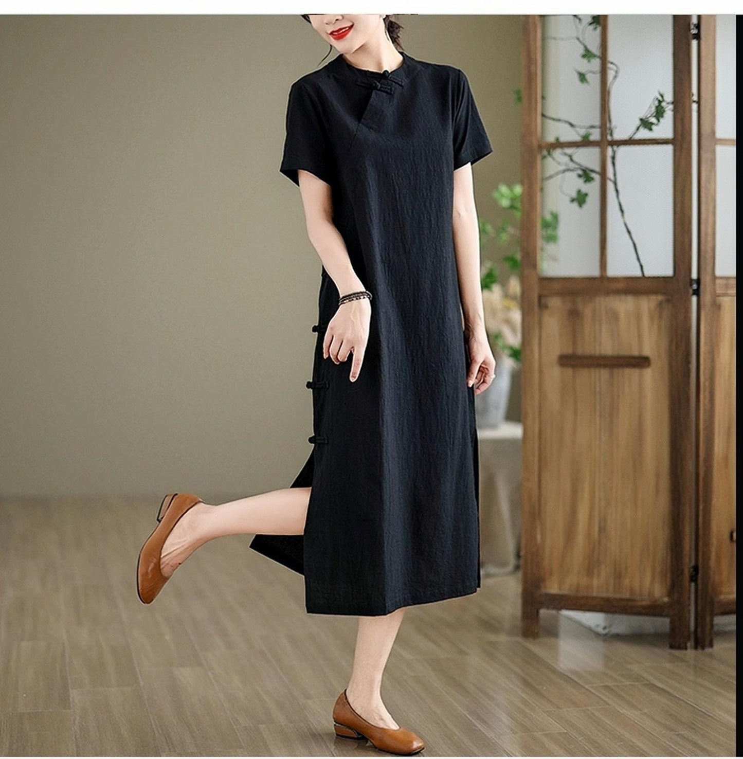 Zen Linen Dress, Japanese Style Dress, Black Cotton Midi Dress, Wabi Sabi Minimal Dress, Vestido de Tejido Natural, Vestido Suelto,vintage